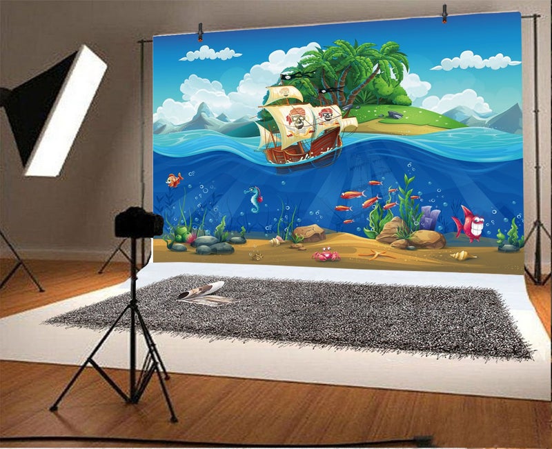 AOFOTO 5x3ft Cartoon Pirate Ship Underwater World Backdrop Fantasy Seaworld Fishes Plants Tropical Island Photography Background Summer Party Decor Kid Birthday Banner Wallpaper Photo Studio Props - Image 2